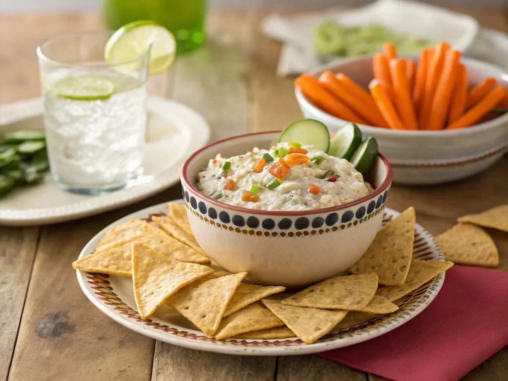 A serving of Cottage Cheese Taco Dip with tortilla chips, fresh veggie dippers, and a glass of lime-infused water on a wooden table.