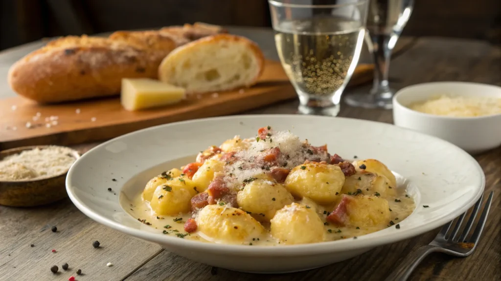 A delicious plate of Gnocchi Carbonara featuring soft potato gnocchi coated in a rich, creamy carbonara sauce with crispy pancetta and freshly grated Pecorino Romano cheese, served on a rustic wooden table with a glass of white wine. An authentic Italian comfort food experience.