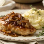 Crockpot French Onion Chicken served on a plate with melted Gruyère cheese and caramelized onions, paired with mashed potatoes and fresh thyme.