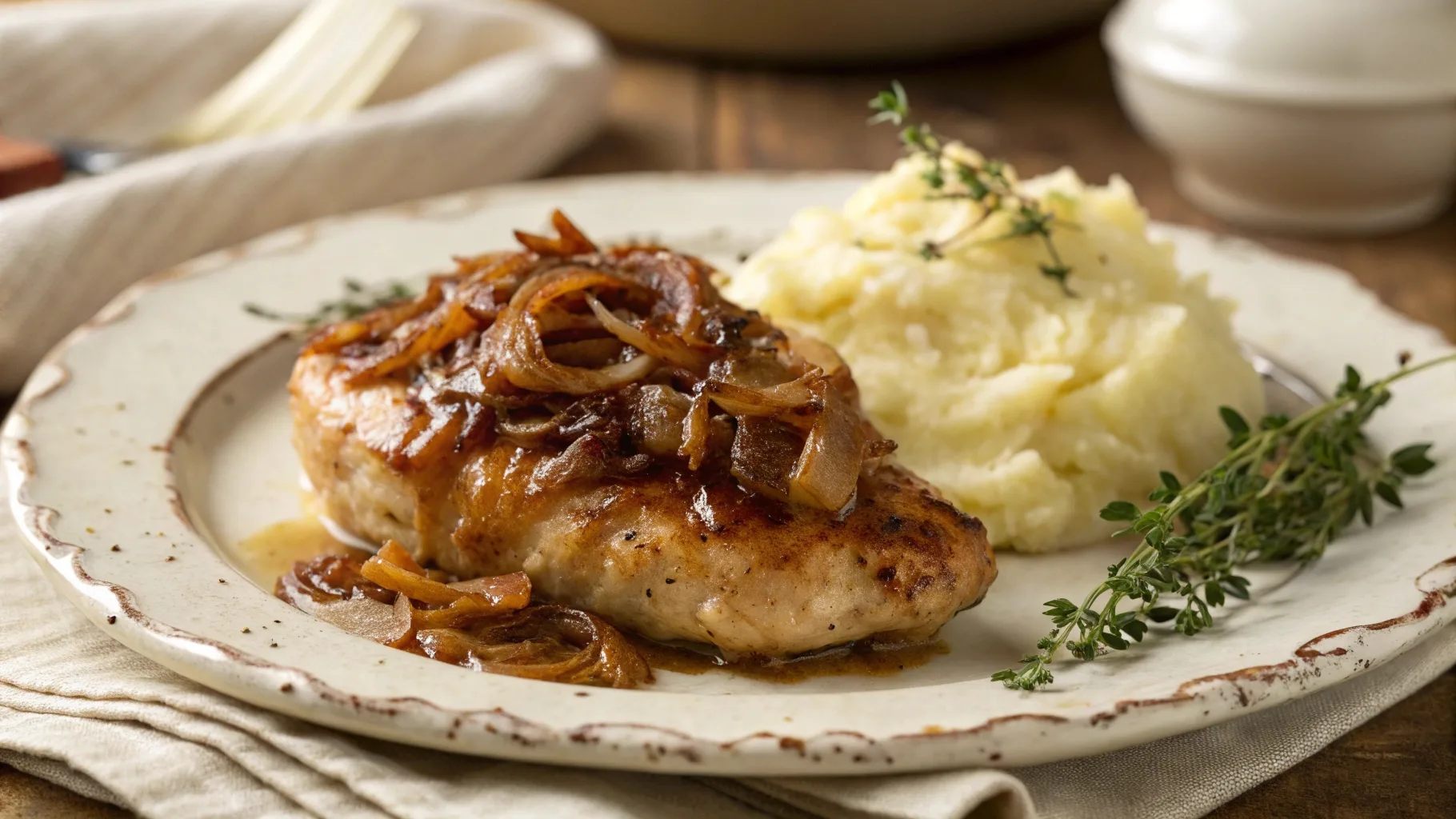 Crockpot French Onion Chicken served on a plate with melted Gruyère cheese and caramelized onions, paired with mashed potatoes and fresh thyme.