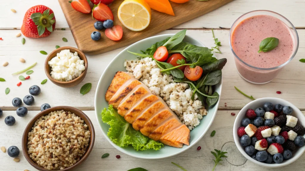 A variety of protein-packed meals, including grilled chicken, salmon, quinoa salad, cottage cheese with fruits, and a protein smoothie, displayed on a wooden table. A vibrant and nutritious spread of high-protein foods.