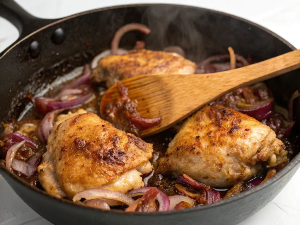 Slow cooker French onion chicken preparation – browning chicken thighs in a skillet with caramelized onions for rich flavor.