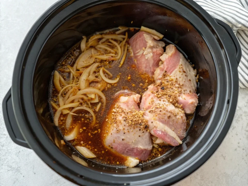 French onion chicken crockpot recipe – raw chicken, caramelized onions, and beef broth layered in a slow cooker before cooking.