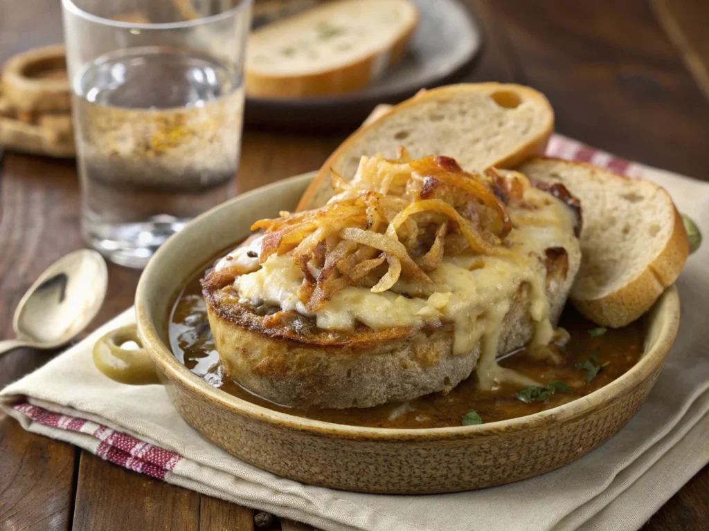 A serving of slow cooker French onion chicken with melted cheese, crispy fried onions, and crusty bread for a complete meal.