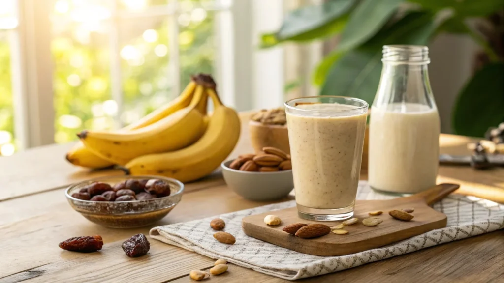 Glass of banana date smoothie on a breakfast table with fresh bananas and dates
