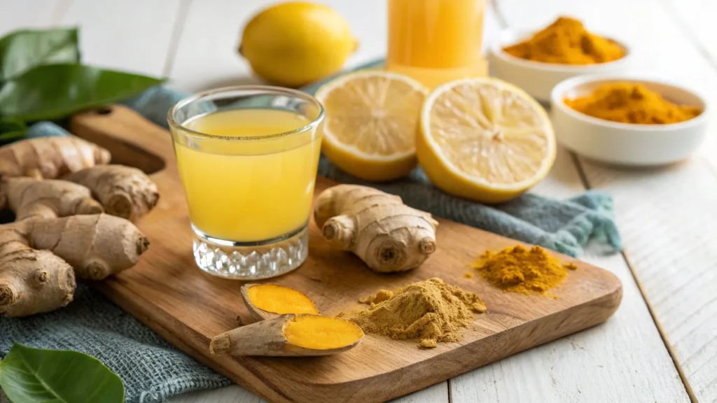 Fresh ginger shot with lemon and turmeric on wooden table – do ginger shots boost immunity naturally?