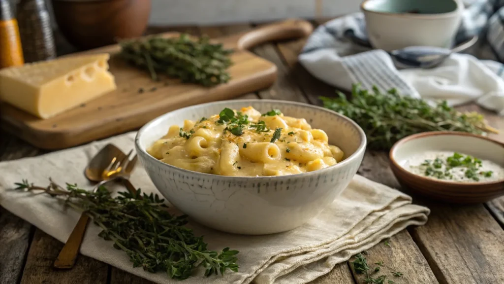 Creamy mac and cheese without milk served in a bowl with fresh herbs – perfect dairy-free comfort food