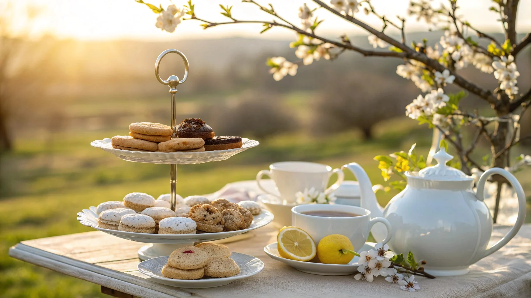 Outdoor tea and cookies pairing setup with gourmet cookies and teacups on a spring afternoon