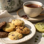 Tea cookies for pairing: chocolate chip, lemon zest, and matcha shortbread next to a cup of tea