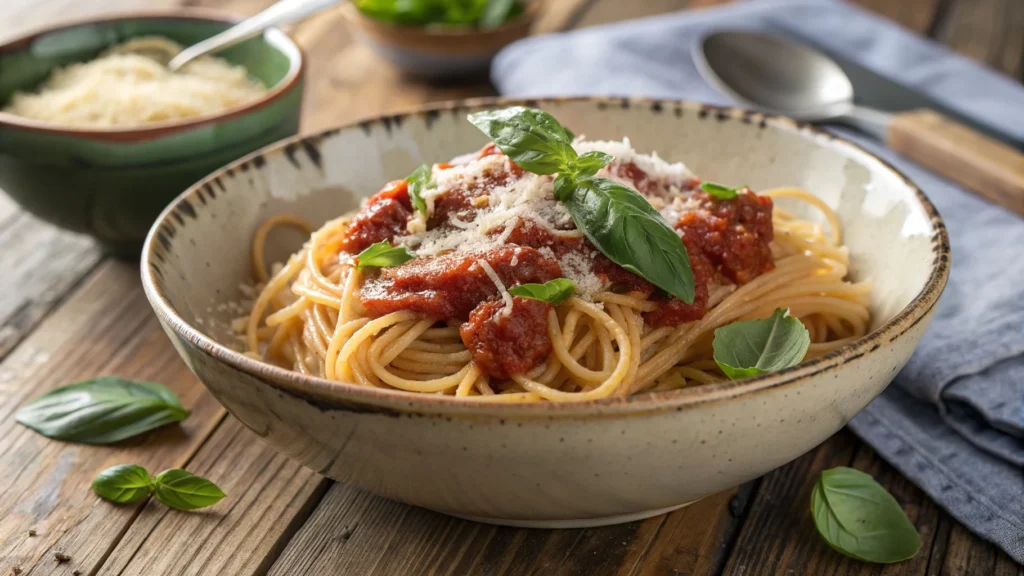 A bowl of spaghetti topped with the best homemade spaghetti sauce, fresh basil, and Parmesan – perfect for a comforting Italian meal
