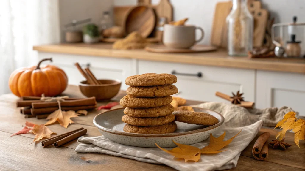A stack of chewy pumpkin cookies with fall spices on a rustic plate – the perfect autumn treat