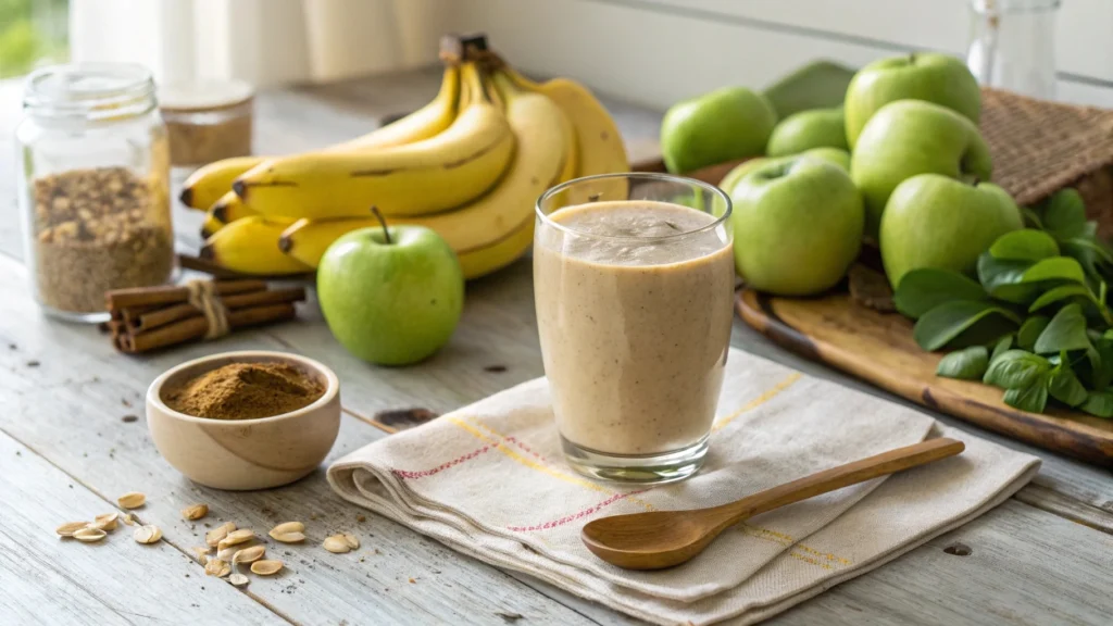 Glass of banana and apple smoothie on a rustic breakfast table with fresh fruits