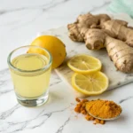 Glass of ginger shot with turmeric and lemon – ginger shots for immunity and health boost
