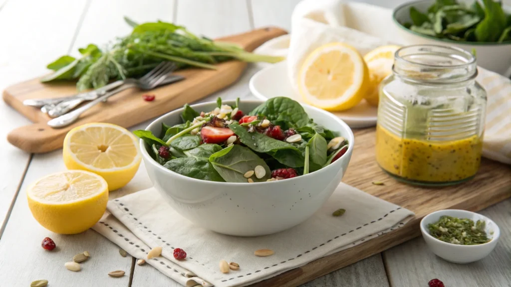 Fresh spinach salad with lemon dressing served in a ceramic bowl on a kitchen counter with ingredients