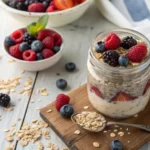 Overnight oats in a jar with berries and chia seeds – healthy no-cook breakfast