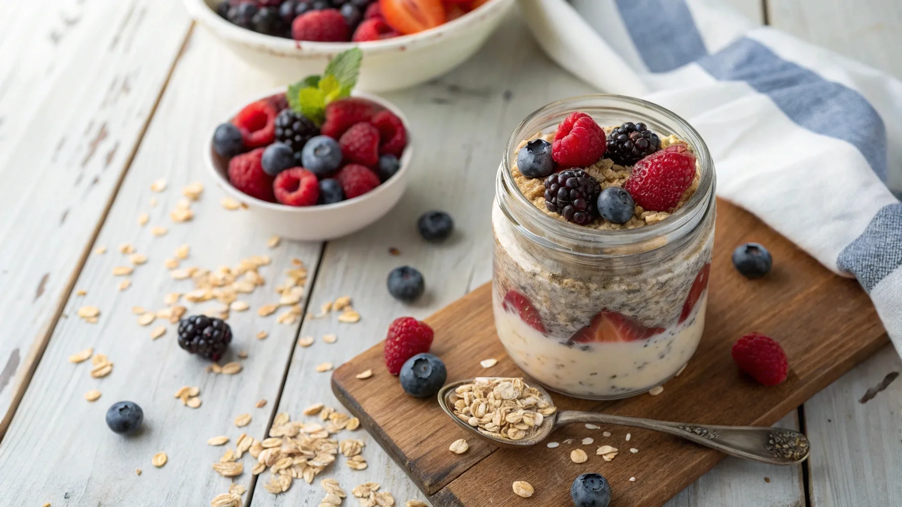 Overnight oats in a jar with berries and chia seeds – healthy no-cook breakfast