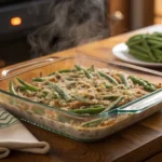 Freshly baked casserole in a Pyrex dish on a wooden surface – safe Pyrex oven use at recommended temperature limits