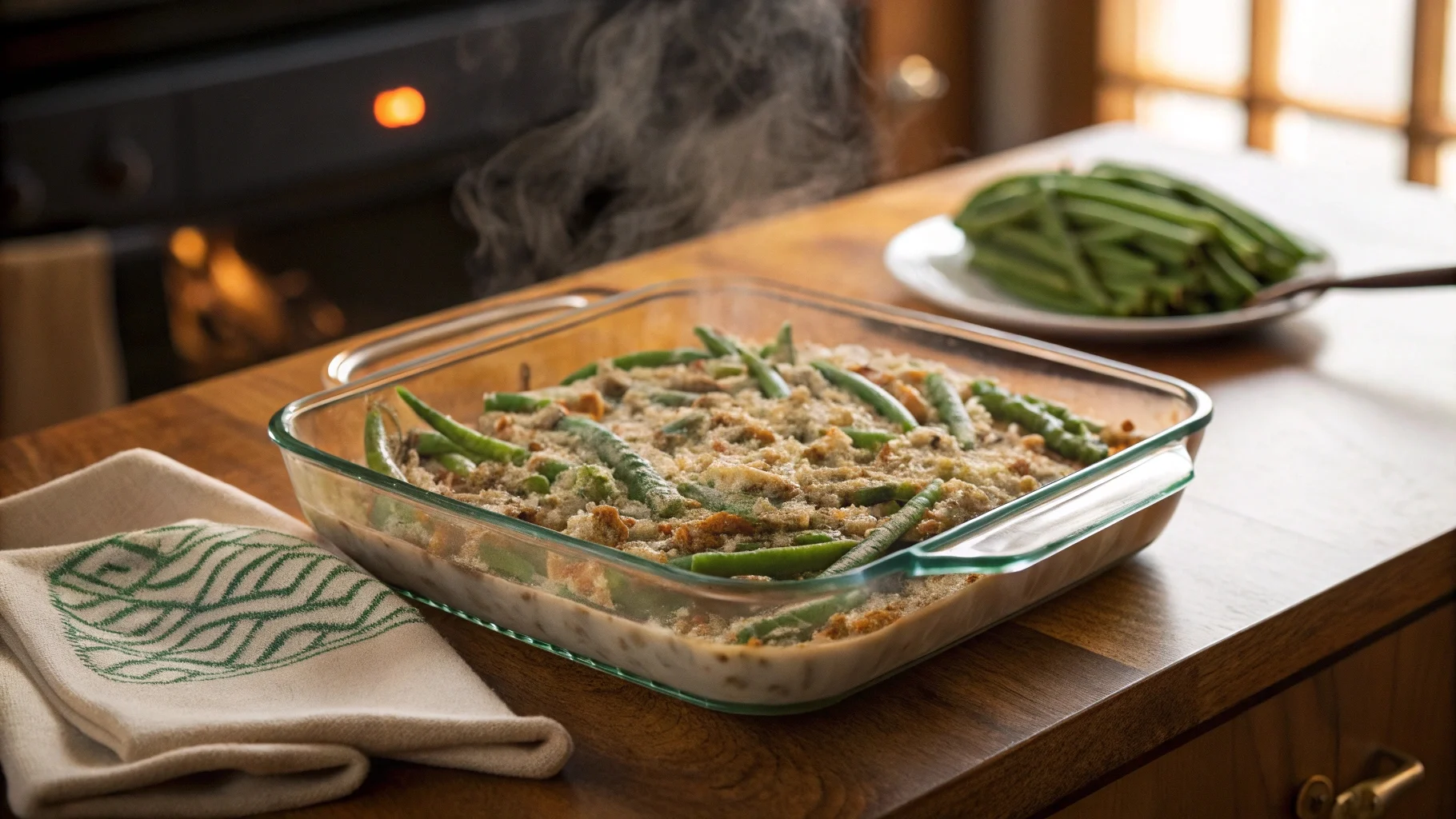 Freshly baked casserole in a Pyrex dish on a wooden surface – safe Pyrex oven use at recommended temperature limits