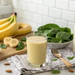 Banana smoothie diet ingredients on a kitchen counter including banana, spinach, and almond milk
