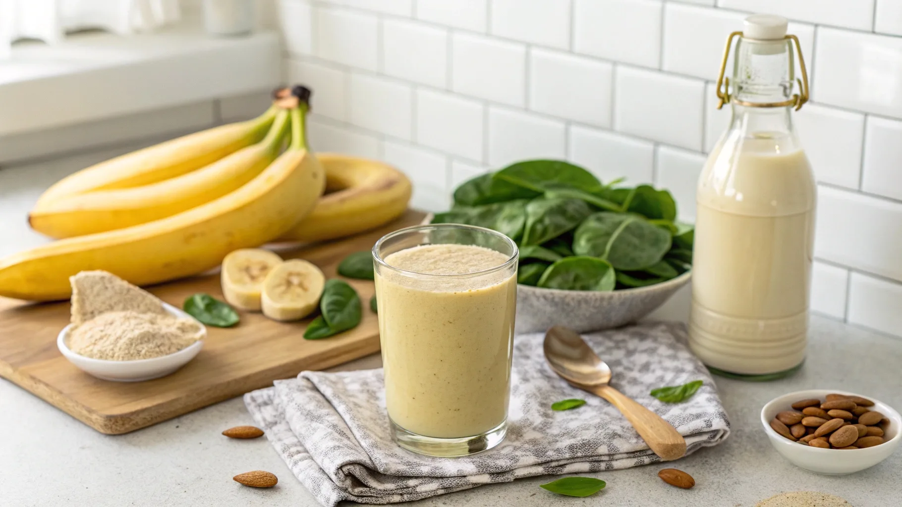 Banana smoothie diet ingredients on a kitchen counter including banana, spinach, and almond milk