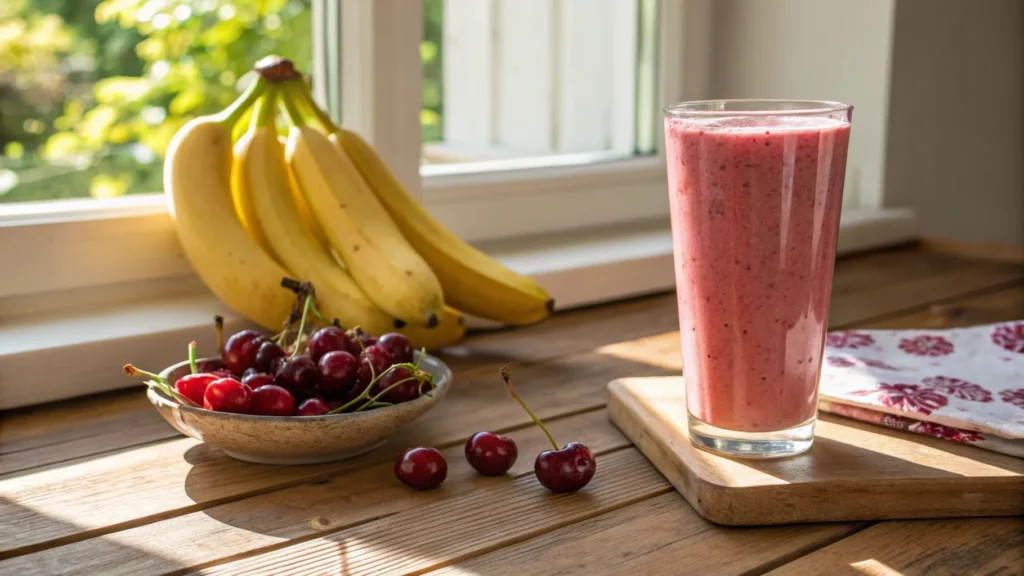 Banana Cherrie Smoothie in a glass with fresh cherries and bananas on a kitchen counter
