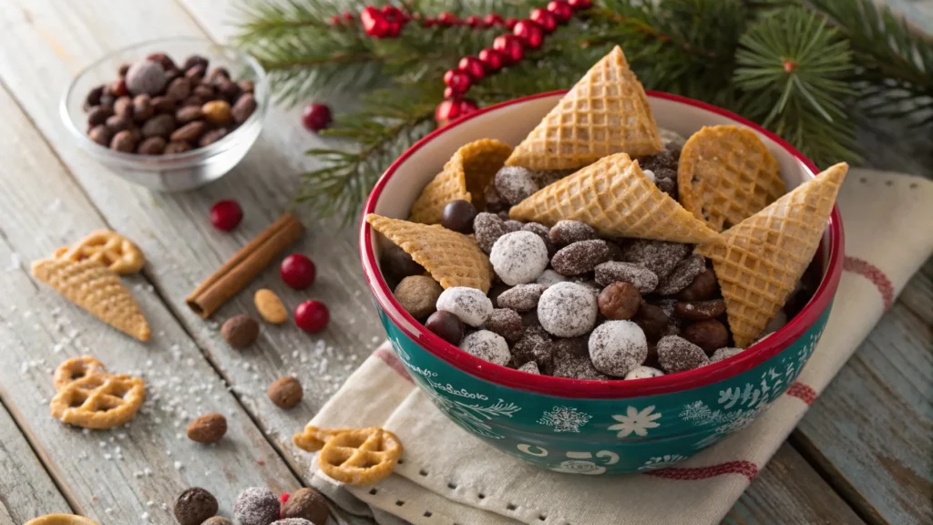 Nutty Buddies snack mix in a rustic bowl with chocolate, nuts, and waffle cones – easy no-bake Nutty Buddies recipe