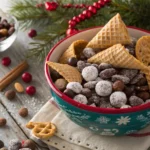 Nutty Buddies snack mix in a rustic bowl with chocolate, nuts, and waffle cones – easy no-bake Nutty Buddies recipe