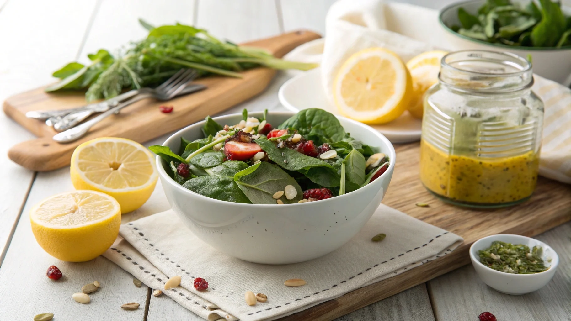 Fresh spinach salad with lemon dressing served in a ceramic bowl on a kitchen counter with ingredients