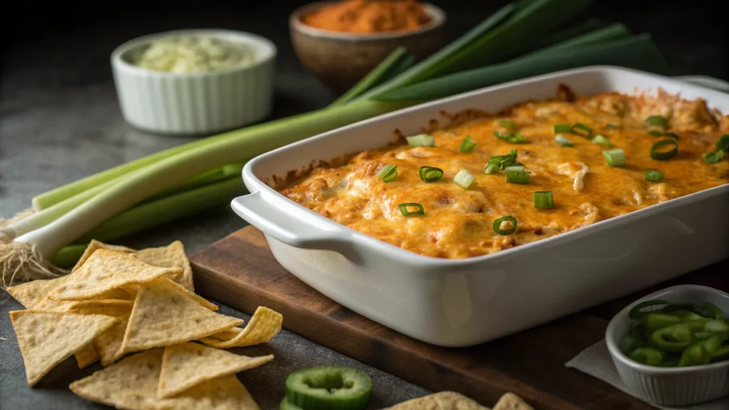 Buffalo chicken dip with cottage cheese served with chips and celery – perfect game day appetizer