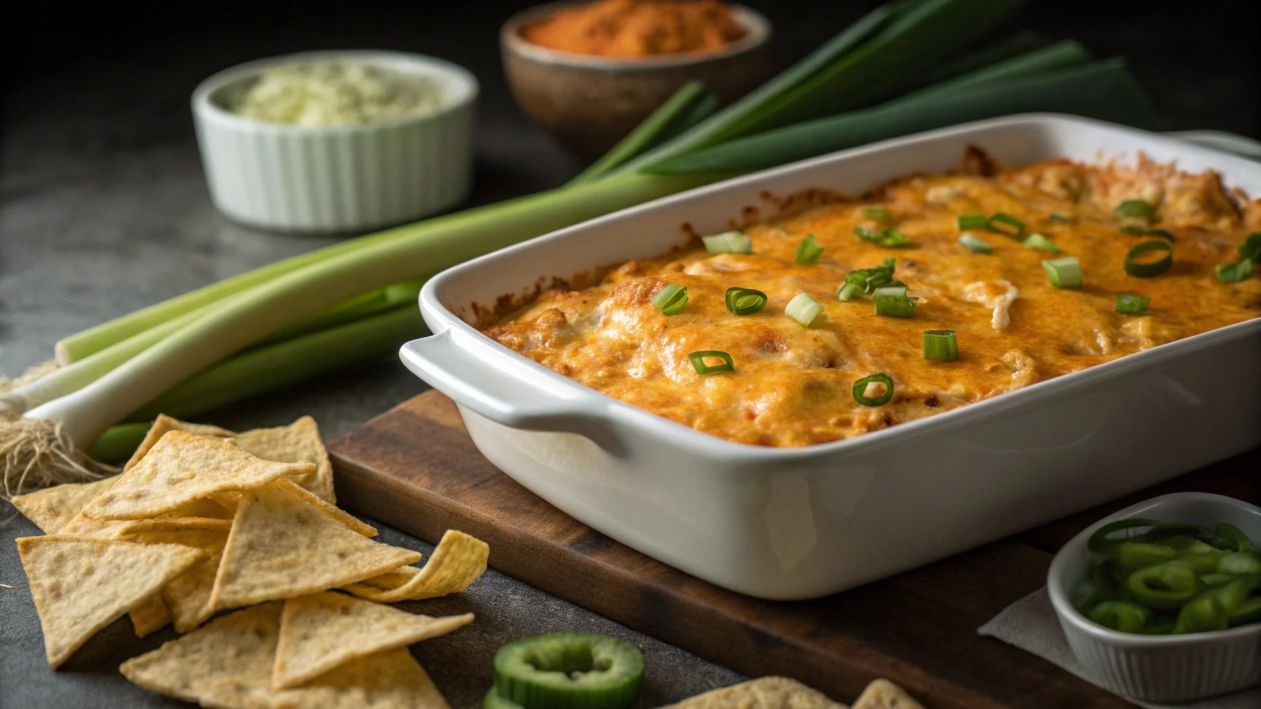 Buffalo chicken dip with cottage cheese served with chips and celery – perfect game day appetizer