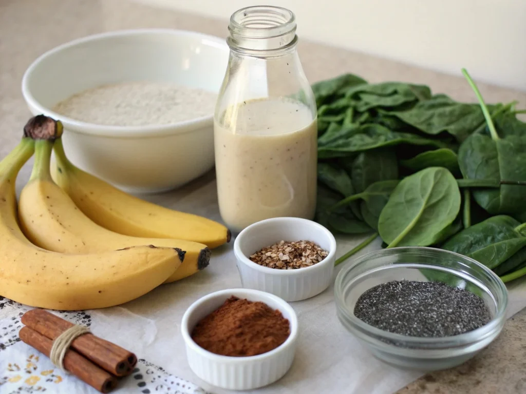 Essential ingredients for a banana smoothie diet: banana, almond milk, chia seeds, protein powder, spinach