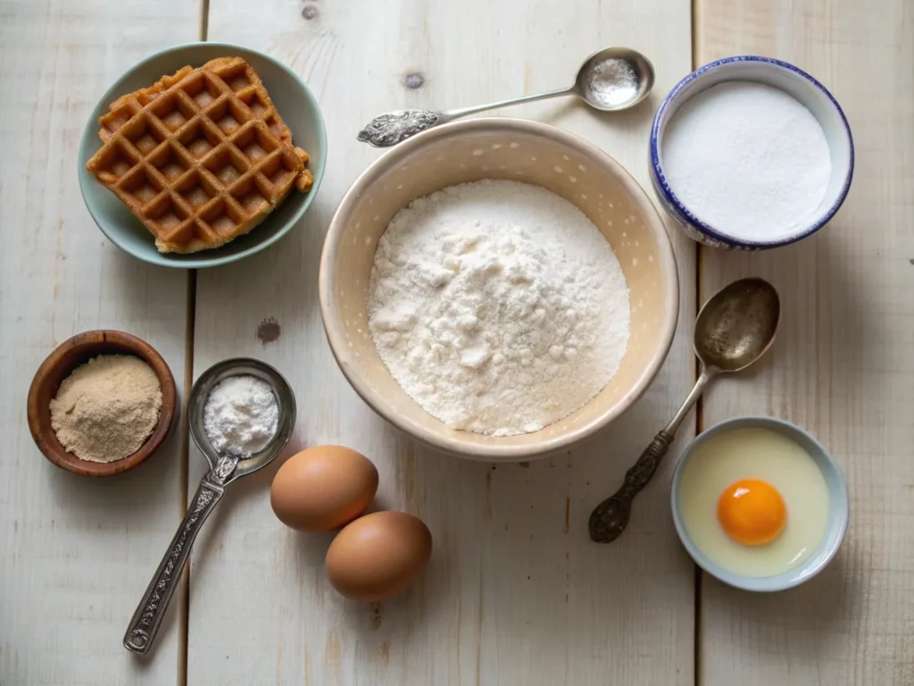 Ingredients for sourdough waffles recipe including starter, flour, eggs, and buttermilk arranged on a wooden surface