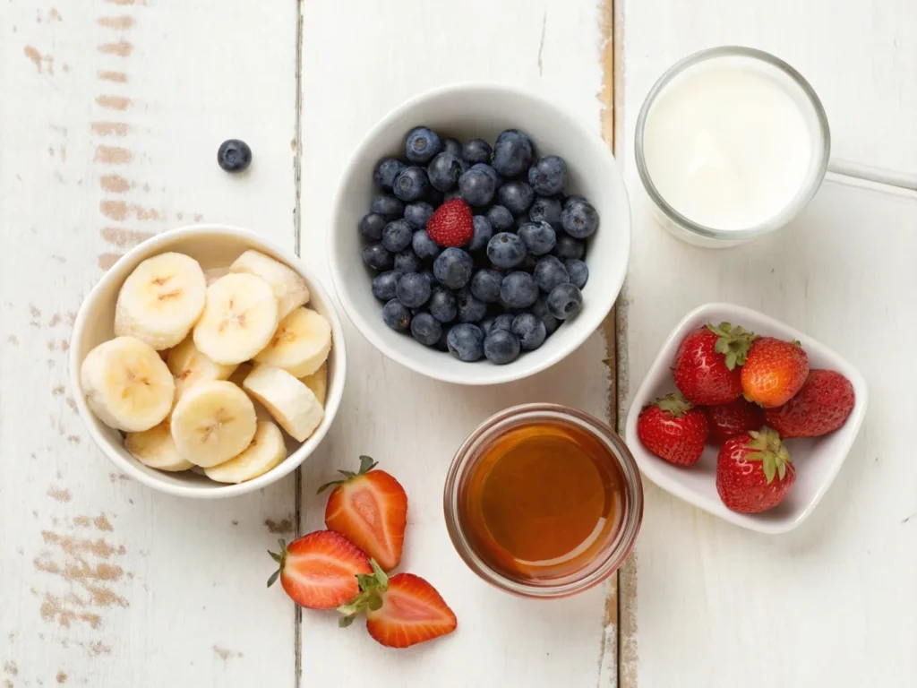 Smoothie ingredients flat lay with bananas, blueberries, strawberries, and milk
