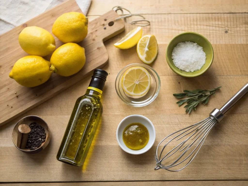 Lemon vinaigrette ingredients for spinach salad: olive oil, lemon juice, mustard, and honey on kitchen surface