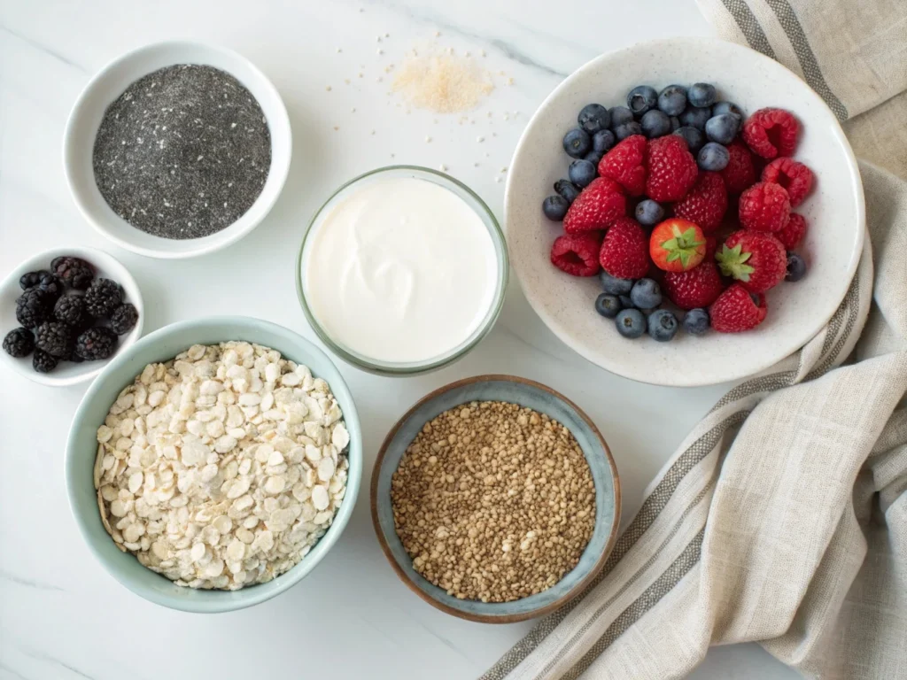 Rolled oats, milk, yogurt, and chia seeds arranged for making overnight oats
