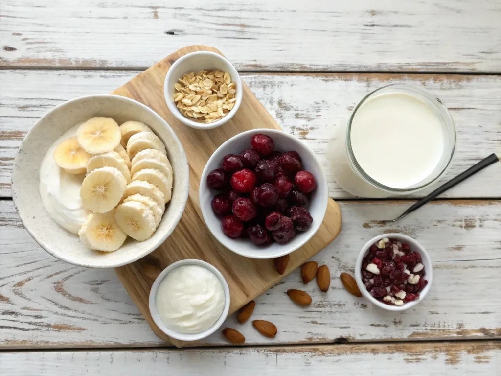 Ingredients for banana cherrie smoothie including banana slices, frozen cherries, yogurt, and almond milk