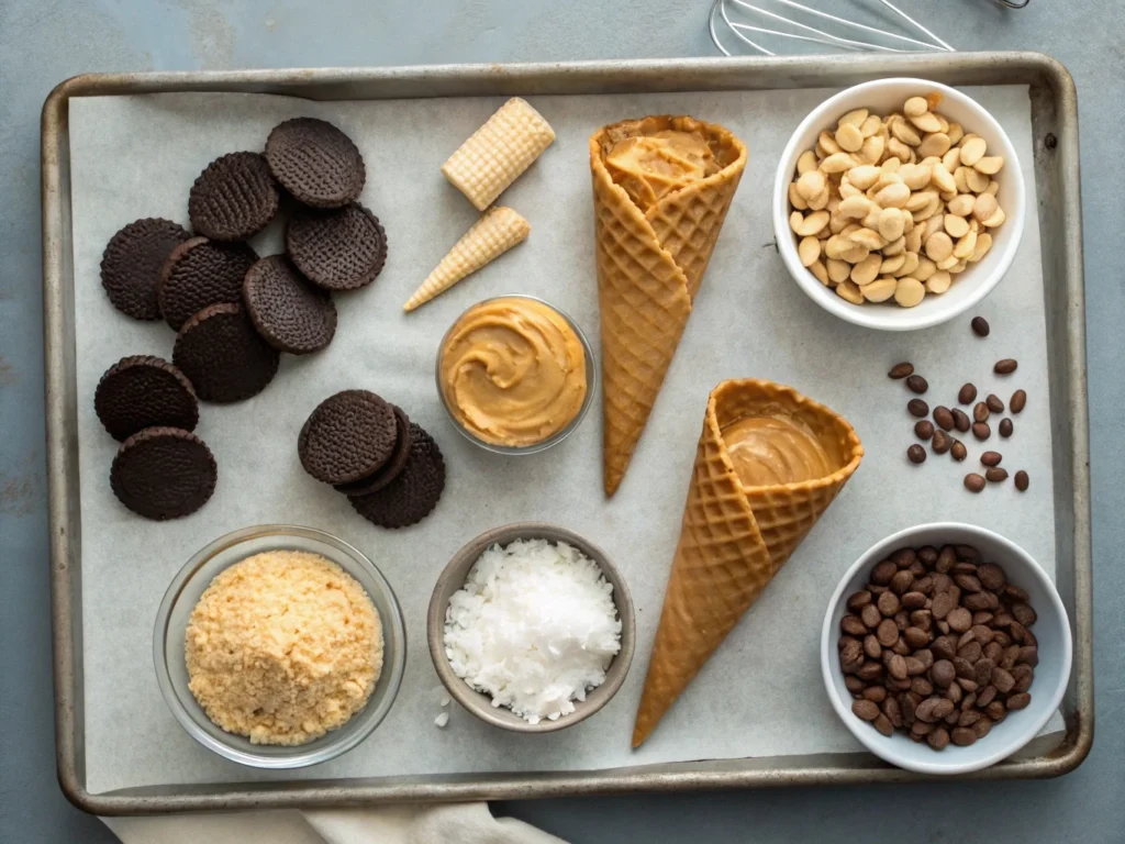 Ingredients for Nutty Buddies recipe including dark chocolate, peanut butter, roasted peanuts, almonds, and coconut flakes