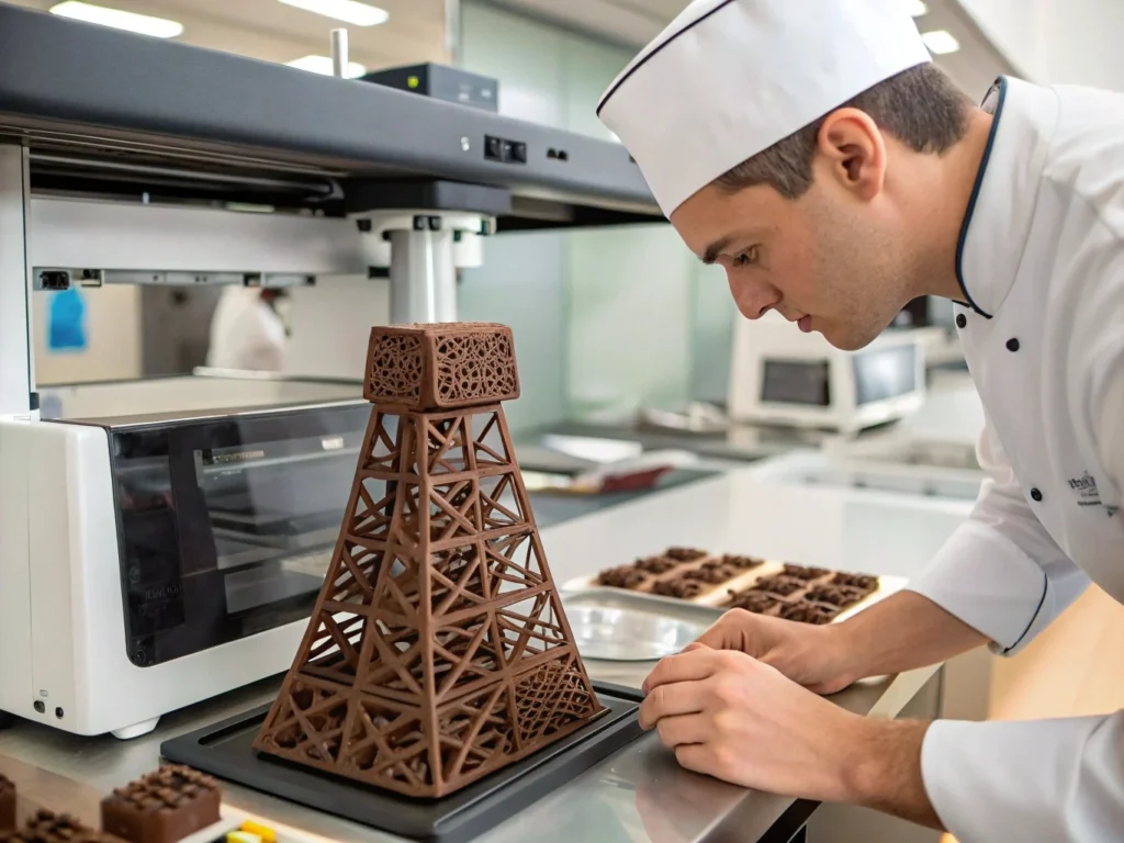 Chef using 3D food printer to demonstrate innovative dessert trends with technology in modern pastry design