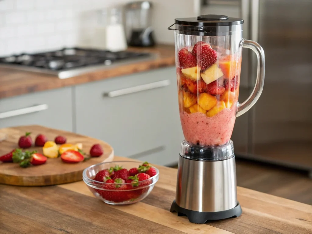 Blending a strawberry blueberry banana smoothie in a high-speed blender