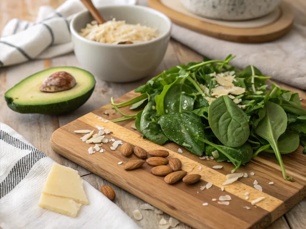 Raw spinach, arugula, avocado, and almonds prepped for spinach salad with lemon dressing