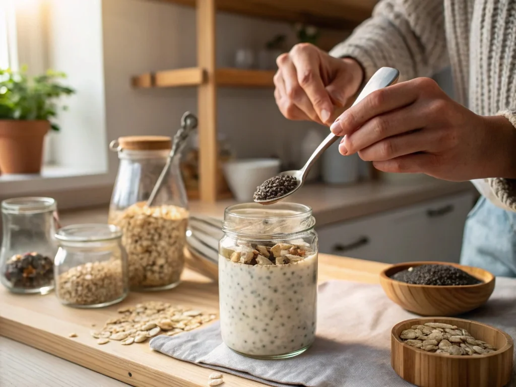 Jar of soaked oats mixed with yogurt and fruit before refrigeration – make-ahead oats