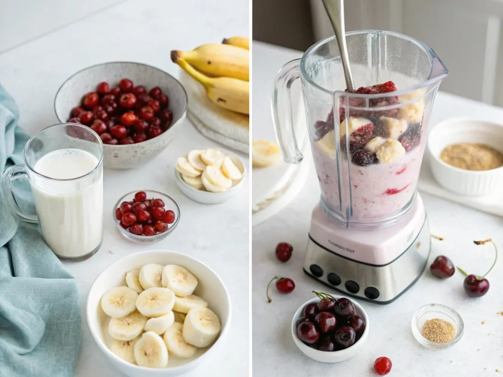 Step-by-step layering of banana cherry smoothie ingredients inside a blender on a kitchen counter