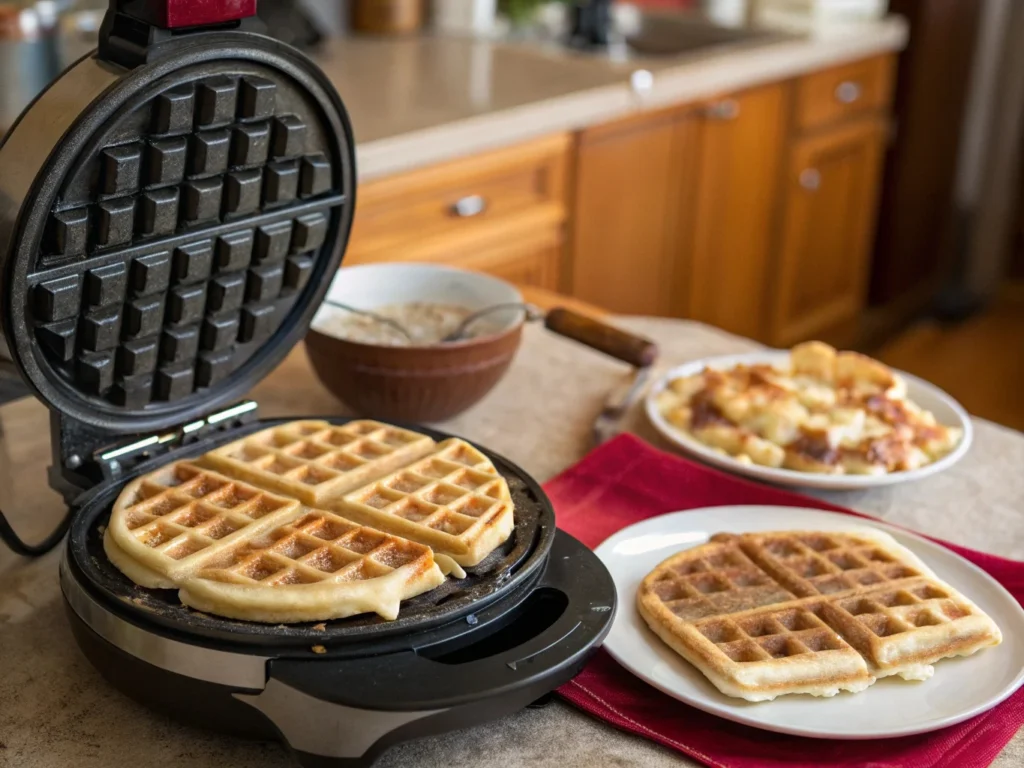 Sourdough waffle batter in a waffle iron with one cooked waffle on a plate beside it
