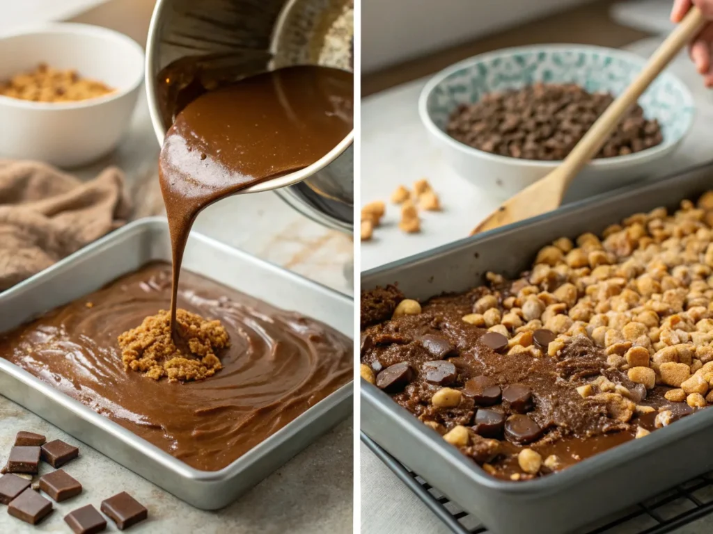 Step-by-step assembly of Nutty Buddies with melted chocolate, peanut butter drizzle, and crunchy toppings in a baking pan