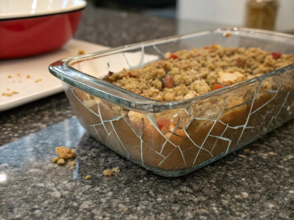 Broken Pyrex glass dish from thermal shock – example of exceeding safe Pyrex baking temperature