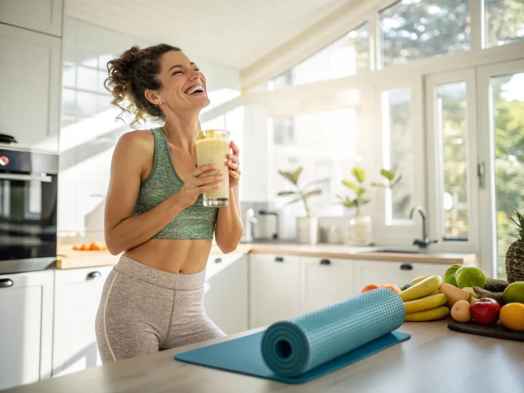 Woman drinking a banana smoothie after a workout as part of a metabolism-boosting smoothie diet