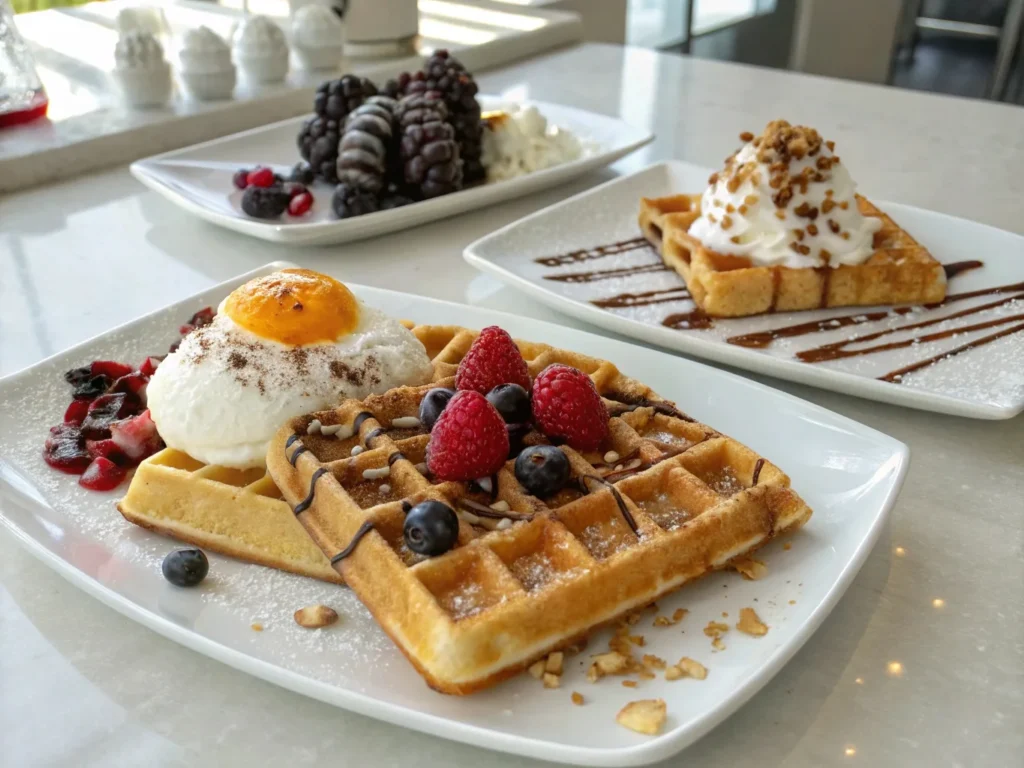Three sourdough waffles with different toppings: eggs and bacon, berries and cream, chocolate and nuts