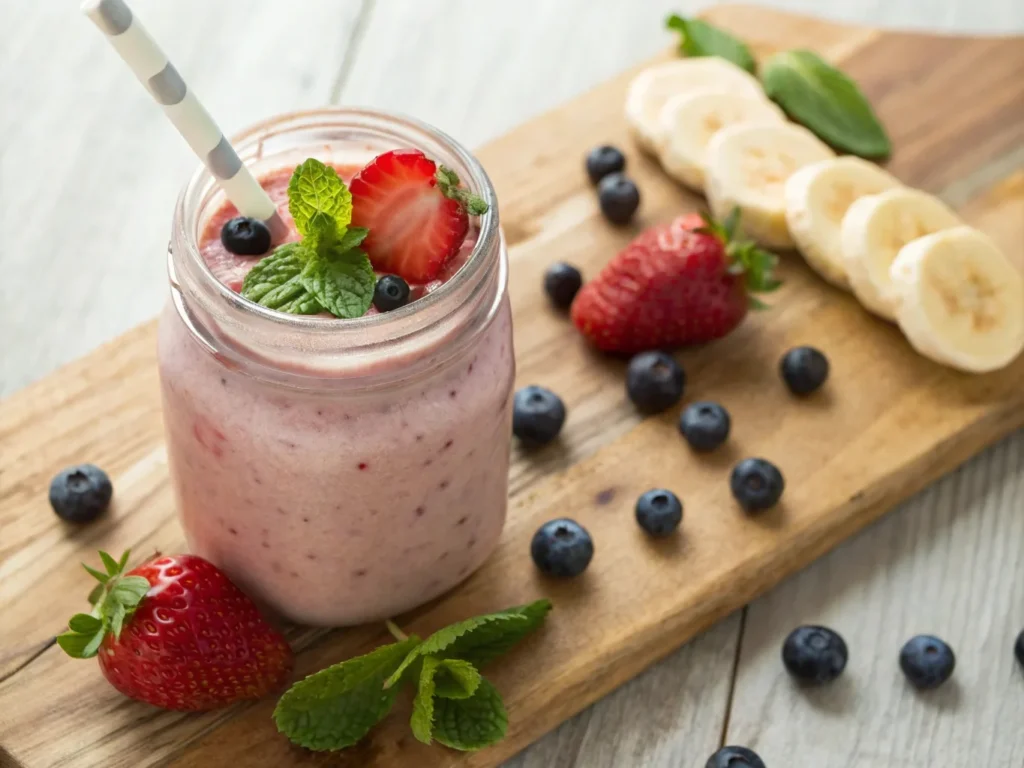 Served berry banana smoothie in mason jars with fresh fruit garnish