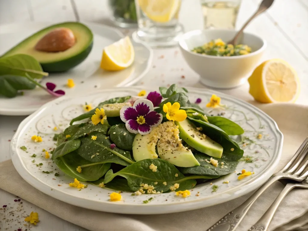 Plated spinach salad with lemon dressing, avocado, and edible herbs served with elegant presentation