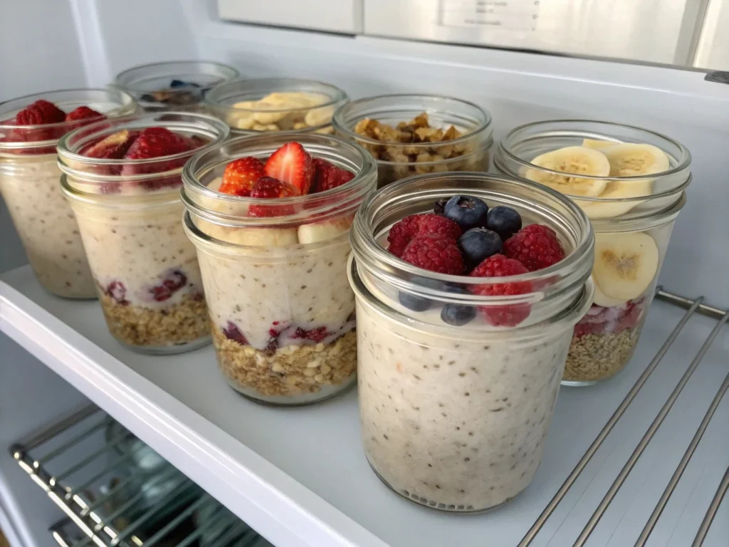 Ready-to-eat overnight oats topped with granola, berries, and honey – healthy oats breakfast